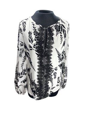 White House Black Market Womens Black & White Floral Lace Trim Blouse Long Sleev